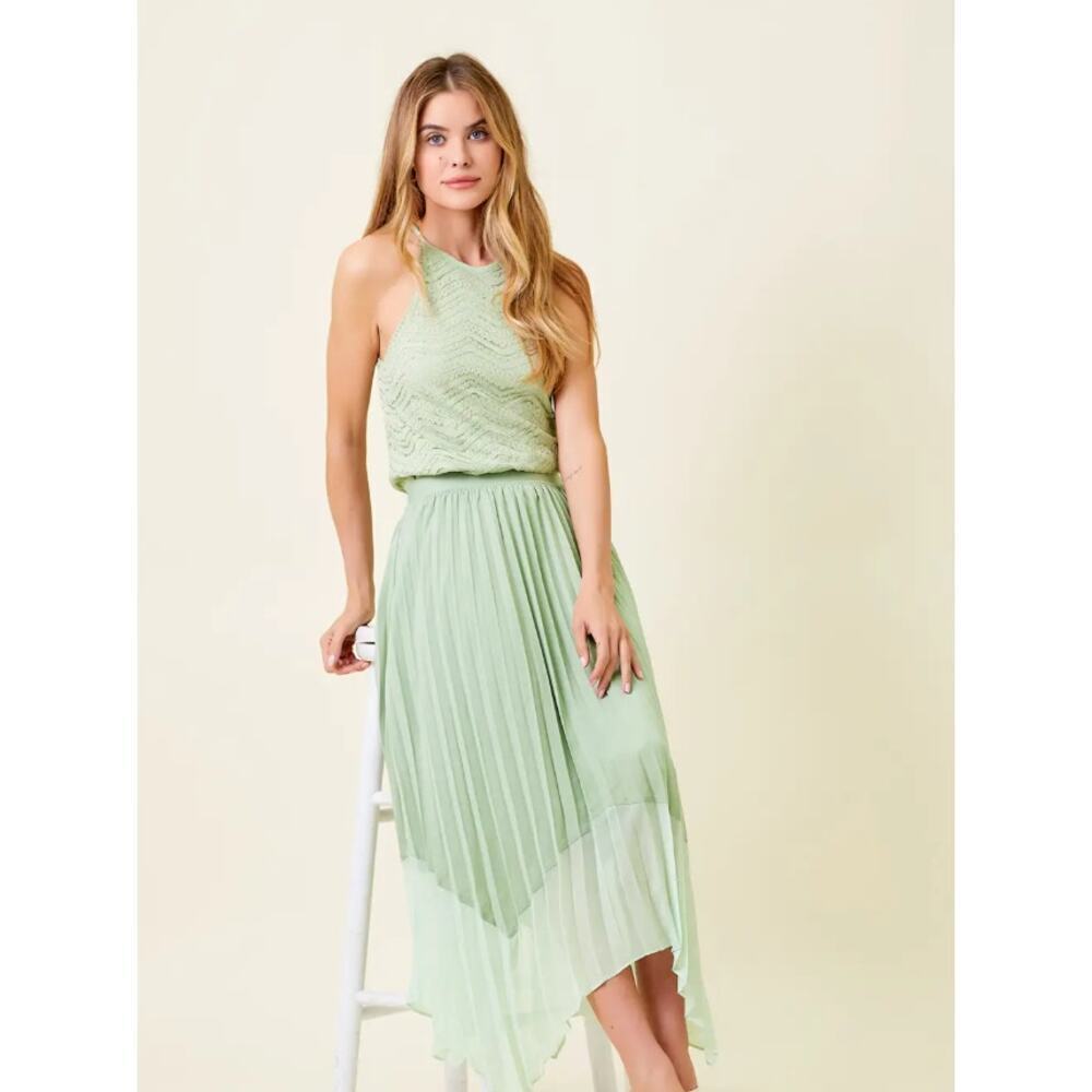 Sage Green Pleated Midi Skirt Asymmetrical Hem - Picture 3 of 9